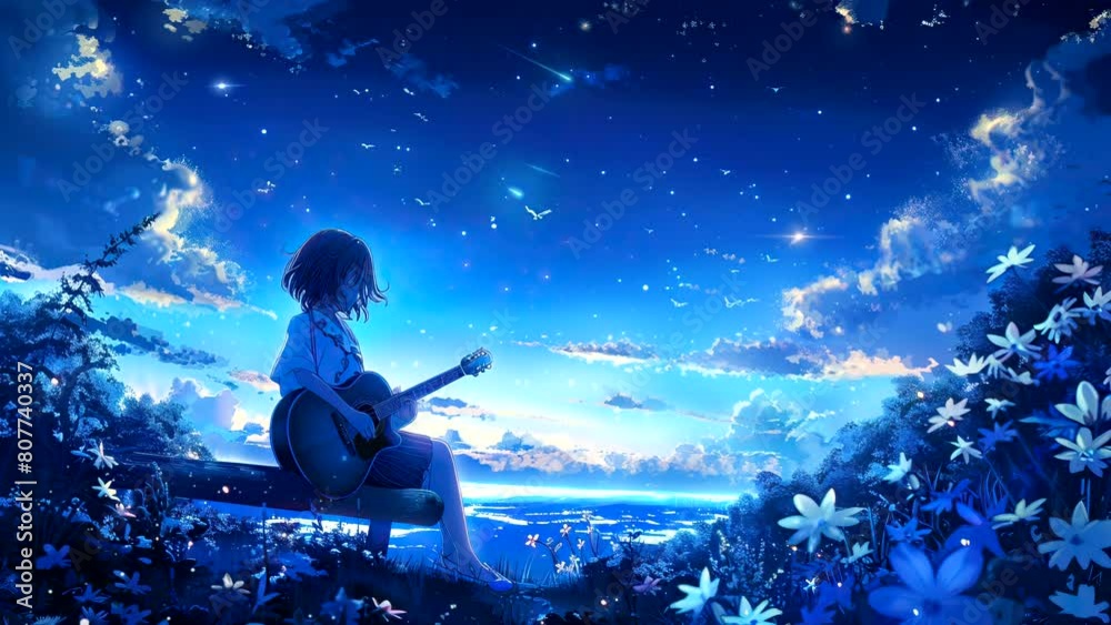 Melodies of the Night: An Anime Girl's Guitar Serenade in the Flowered Park. Seamless looping time-lapse virtual 4k video animation background
