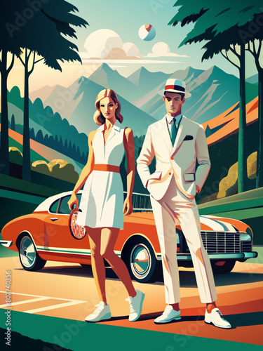 Vintage Elegance: Sophisticated Couple by Classic Car in Scenic Mountains