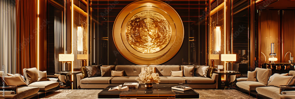 Naklejka premium Antique Room with Ornate Golden Decorations and Traditional Thai Art, Elegant and Luxurious Interior Design