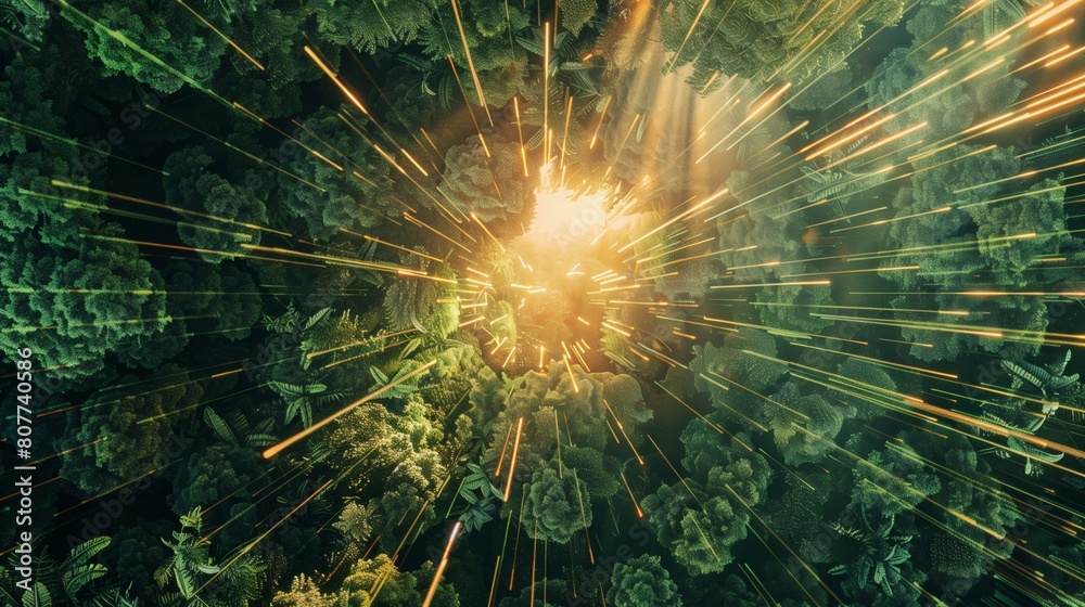 Obraz premium Stunning image of a sunburst effect amidst lush green forest with dynamic light streaks.