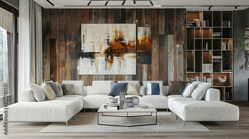 A modern living room with white sofas, wooden panels on the walls and abstract paintings
