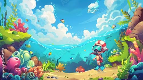 Background for game  scuba diver woman exploring ocean bottom. Girl in diving mask swimming in ocean underwater 2d landscape  effect for animation with separate layers. Cartoon modern illustration.