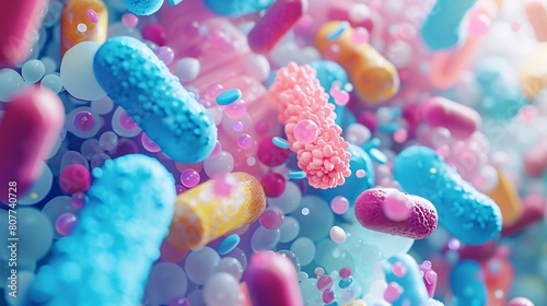 A 3D rendering of a mix of beneficial microorganisms, including Lactobacillus, Bifidobacteria, Enterococcus, and Streptococcus thermophilus. photo