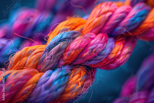 Macro image of a multi-colored rope with fibers on a blue background. Generated by artificial intelligence photo