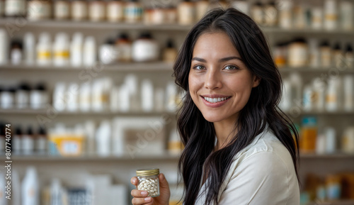 black hair woman in her 30s smiling in pharmacy holding a vitamin bottle, advertising banner with copy space