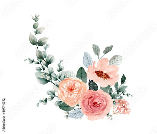 Watercolor peach floral and eucalyptus greenery. Ideal for creating invitations  greeting and wedding cards