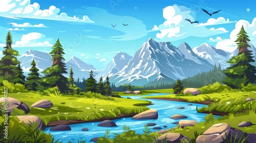 This modern illustration shows a lush green landscape with lush green fields  a river flowing across the lands  mountains  and fir trees under a blue cloudy sky with birds taking flight.