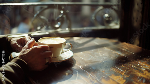 Manos de un hombre mayor que toma un cappuccino en un típico bar italiano, delante de una ventana.  photo
