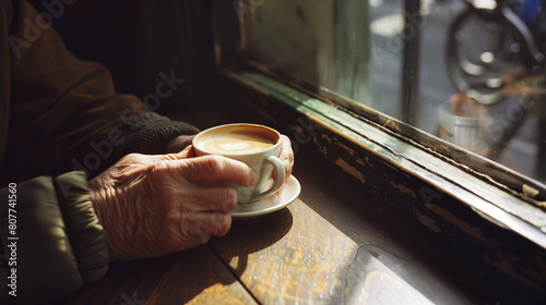 Manos de un hombre mayor que toma un cappuccino en un típico bar italiano, delante de una ventana.  photo