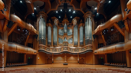 Empty Concert Hall for the performing arts with organ - music instrument