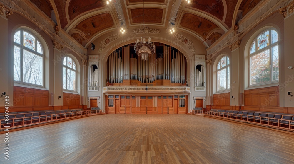 Empty Concert Hall for the performing arts with organ - music instrument