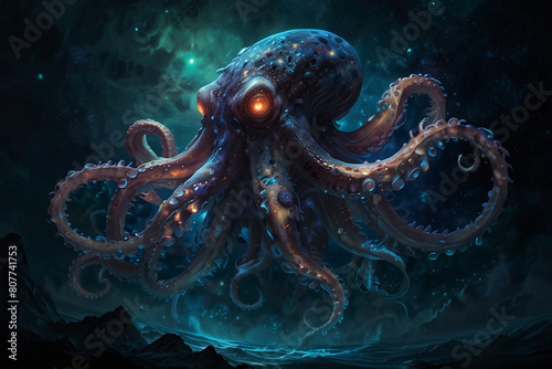  In the depths of a cosmic ocean, a mesmerizing ethereal giant monster octopus with starry eyes and shimmering tentacles