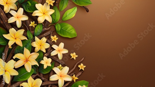 Elegant design of yellow plumeria flowers and green leaves on woven branches, set against a brown backdrop.