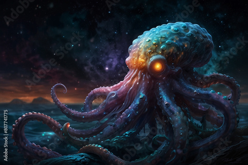  In the depths of a cosmic ocean, a mesmerizing ethereal giant monster octopus with starry eyes and shimmering tentacles