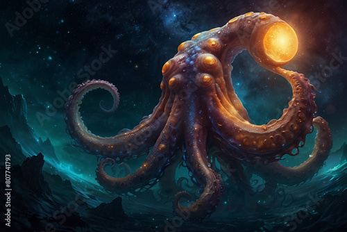 In the depths of a cosmic ocean, a mesmerizing ethereal giant monster octopus with starry eyes and shimmering tentacles