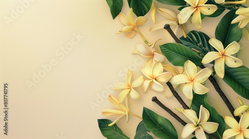 Elegant floral design featuring yellow plumeria flowers with lush green leaves on a soft background.