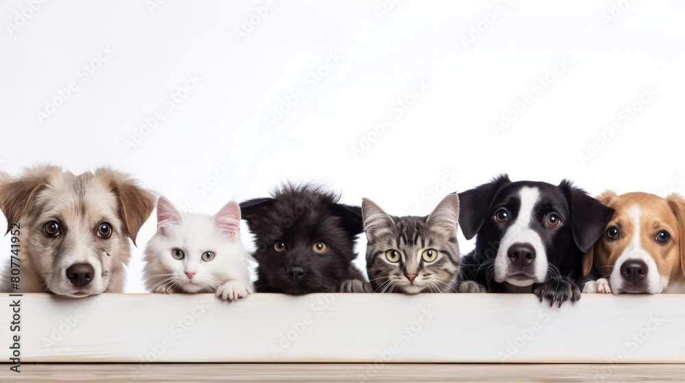 A group of dogs and cats are standing in a row, looking at the camera