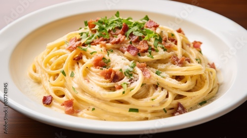 A plate of spaghetti with bacon and parsley on top