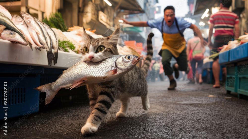 The cat stole fish from the fish counter and runs through the market and runs away from the seller. The cat stole fish from the fish counter and runs through the market and runs away from the seller.