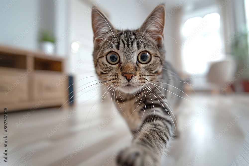 closeup cute tabby cat with a curious look on its face hunting in living room