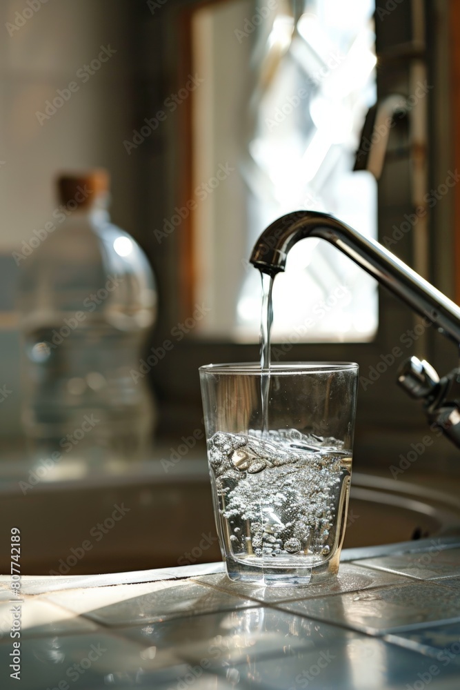 A glass cup being filled with clean water from a tap in the kitchen A glass cup being filled with clean water from a tap in the kitchen