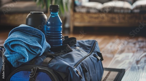 Close-up of a packed gym bag with water bottle, towel, and workout gear peeking out, demonstrating preparedness photo