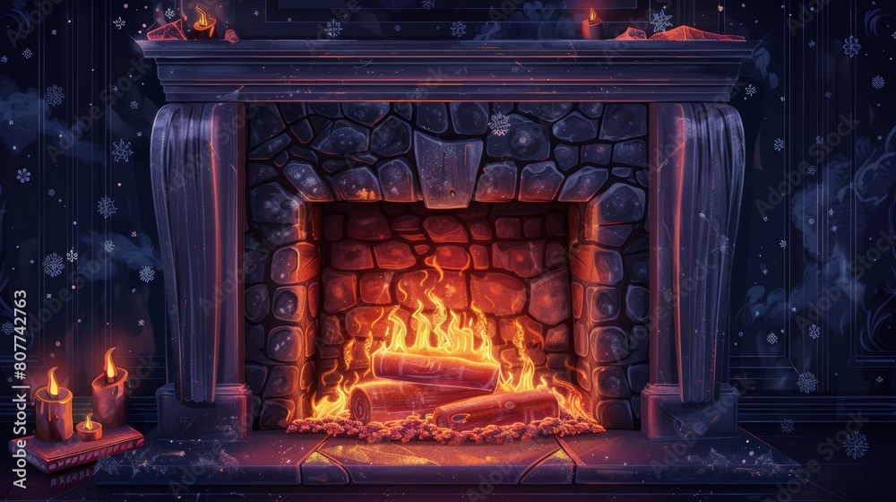 An attractive fireplace with burning woods, a black marble or gypsum chimney and classic flaming logs, vintage house design, cozy heating system and realistic 3D modern illustration.