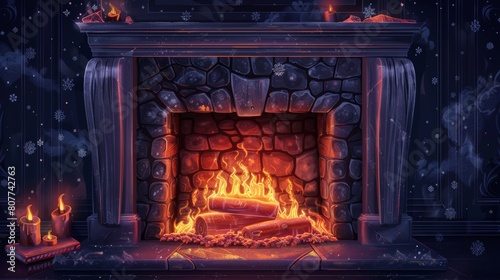 An attractive fireplace with burning woods  a black marble or gypsum chimney and classic flaming logs  vintage house design  cozy heating system and realistic 3D modern illustration.