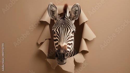 Zebra head peeking through a torn beige paper, view of ears and striped face detail. photo