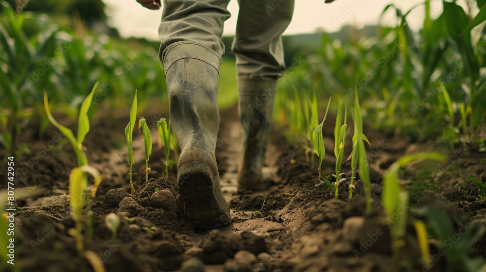 Agricultural worker traverses fields, wearing rubber boots, inspecting crops and managing large farm. Agricultural worker traverses fields, wearing rubber boots, inspecting crops and managing large farm.