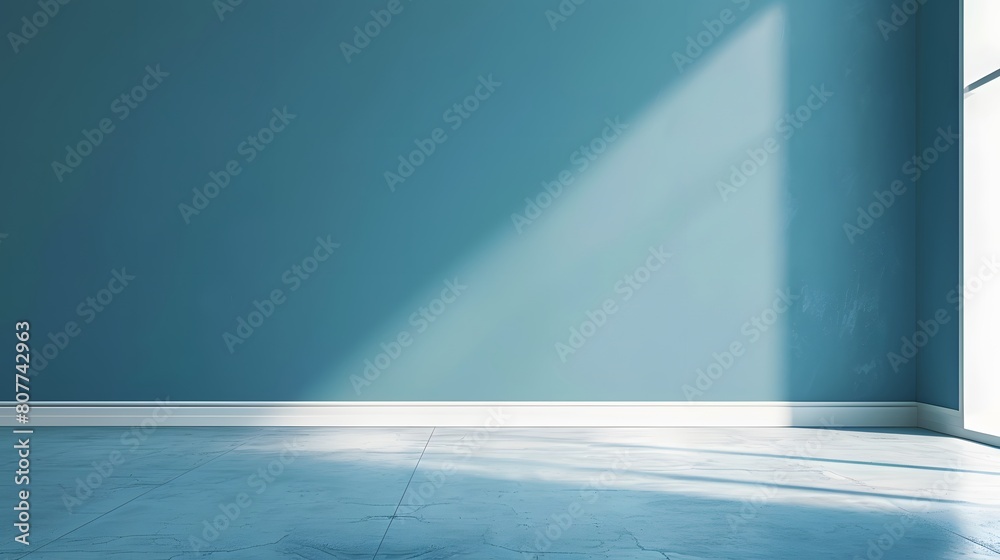 A blue wall with a white floor, the room. copy space A blue wall with a white floor, the room. copy space