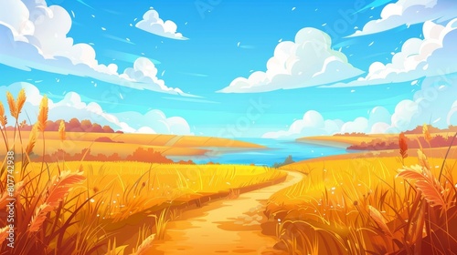 The rural yellow meadow landscape  with a dirt road  pond  sea or river  fluffy clouds on the horizon  is a picturesque scene of countryside in fall  with pastoral countryside scenery.