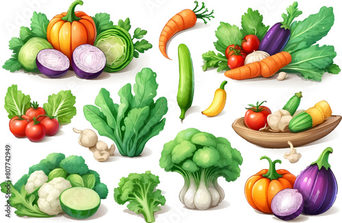 Vector vegetables icons set in cartoon style. Collection farm product for restaurant menu, market label.