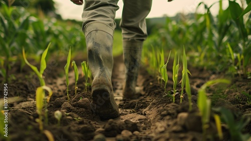Agricultural worker traverses fields  wearing rubber boots  inspecting crops and managing large farm.