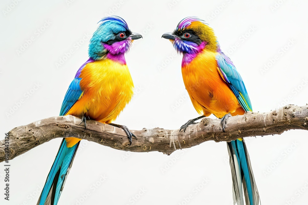 Obraz premium beautiful two long tailed full color bird standing face to face in branch of tree isolated on white background