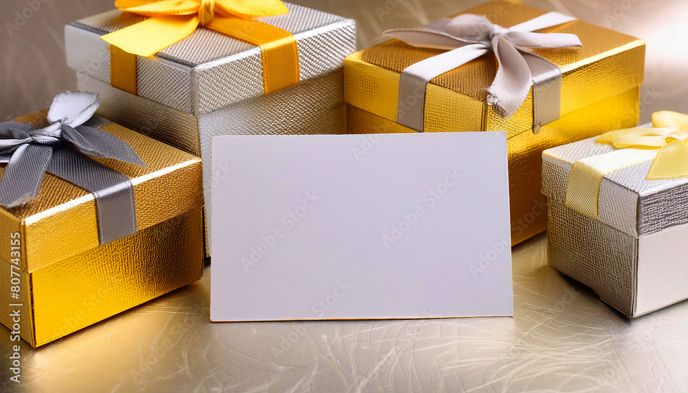 Gold and silver gift boxes with elegant ribbons, featuring a white card with copy space for personal messages.
Gold and silver gift boxes with elegant ribbons, featuring a white card with copy space for personal messages.