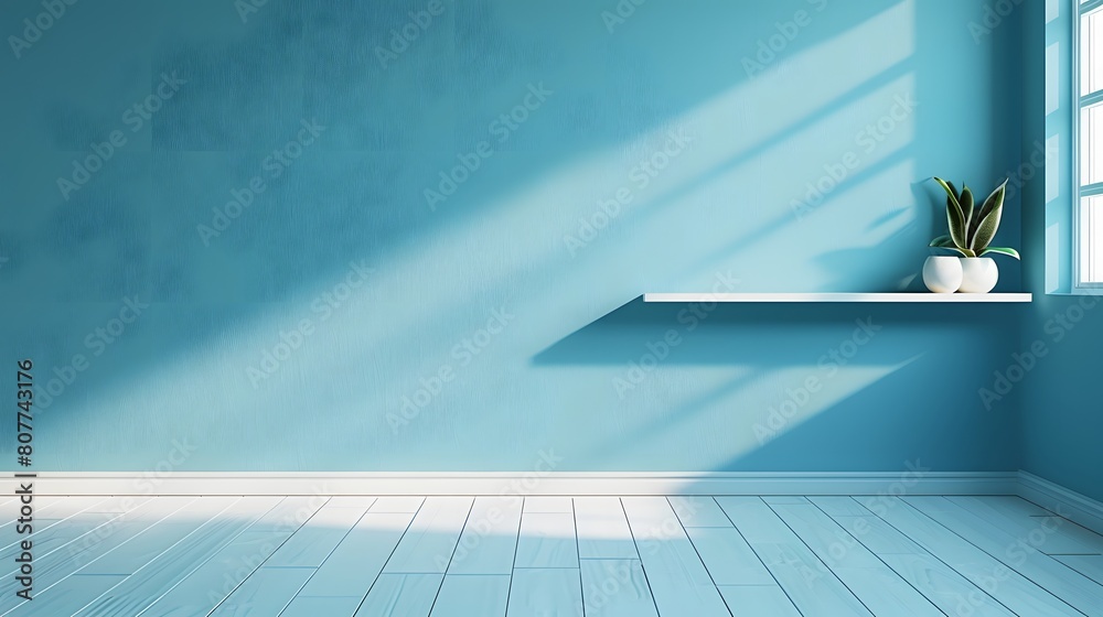 A blue wall with a white floor, the room. copy space A blue wall with a white floor, the room. copy space