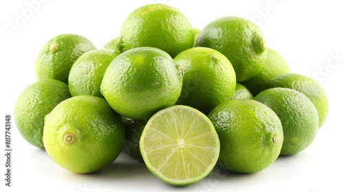 A selection of fresh, ripe limes on a white background. photo