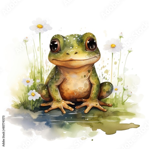 watercolor illustration of cute cartoon green frog with flowers on white background
