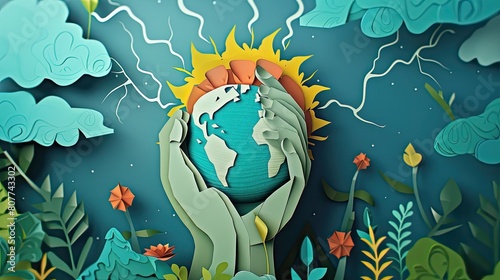 A conceptual papercut showing a hand holding the Earth  powered by paper lightning bolts from renewable sources.