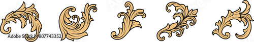 Set of baroque filigree ornament, golden flourish elements vector isolated on transparent background