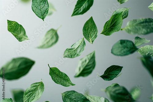 A verdant leaf gracefully twirls in mid-air against a blank canvas.