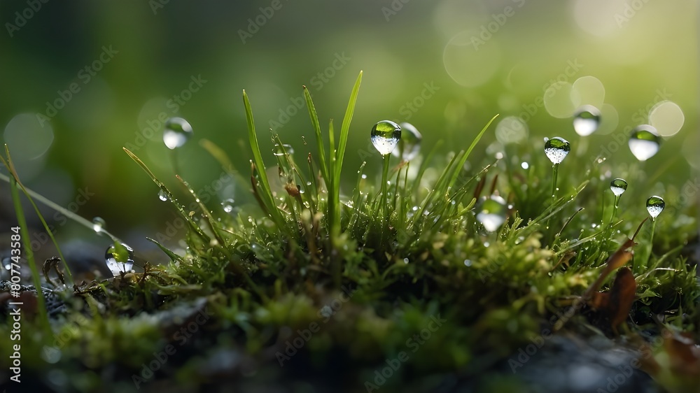 Fototapeta premium macro shots of grass and moss with lifelike dewdrops