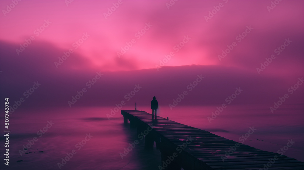 This mesmerizing digital art piece captures the serene beauty of a silhouette against a breathtaking gradient sky. A lone figure stands on the pier, their silhouette stark against the soft hues 