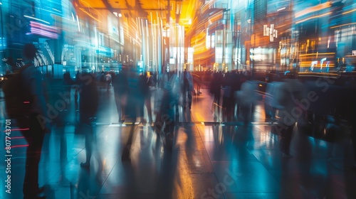 Wallpaper Mural Blurry figures of people walking in a vibrant, neon-lit urban environment at night. Torontodigital.ca