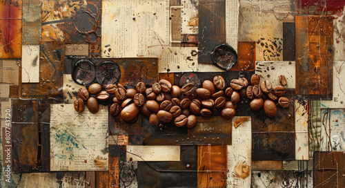 Vintage grunge brown and beige collage background with coffee theme. Different textures and shapes