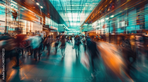 Dynamic long exposure shot of bustling commuters in a modern train station. photo
