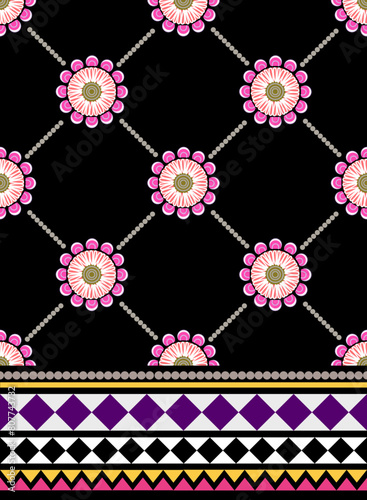 Vector modern pink on black flower seamless pattern design, designed for surface pattern, textiles, interior decorations, crafts, graphics, and backgrounds. Embroidery flower pattern.