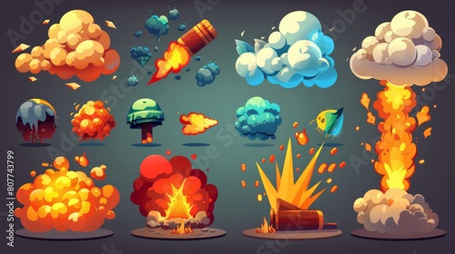 An explosion of cartoon dynamite or bomb, clouds of smoke, atomic detonators for cell phone animation, isolated modern icons. Dangerous explosive explosion for comics.