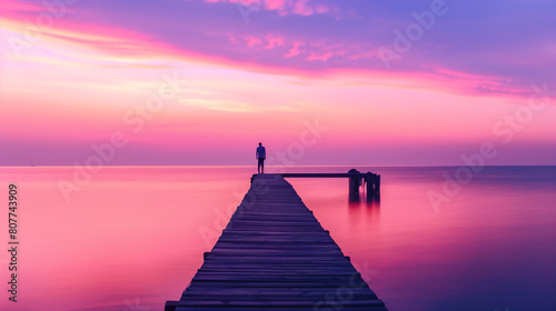 This captivating image captures the essence of twilight as a lone fisherman stands on the pier, silhouetted against the dusky sky. The long exposure photography technique creates a soft, dreamlike  photo